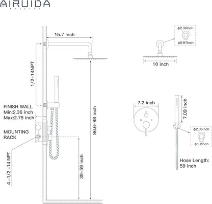 Airuida Shower Fixtures 2 Functions Shower Faucet Set Wall Mounted for Bathroom High Pressure Brass Handheld Shower with Rough-in Valve Round Rainfall 10 Inch Shower Head Brushed Gold
