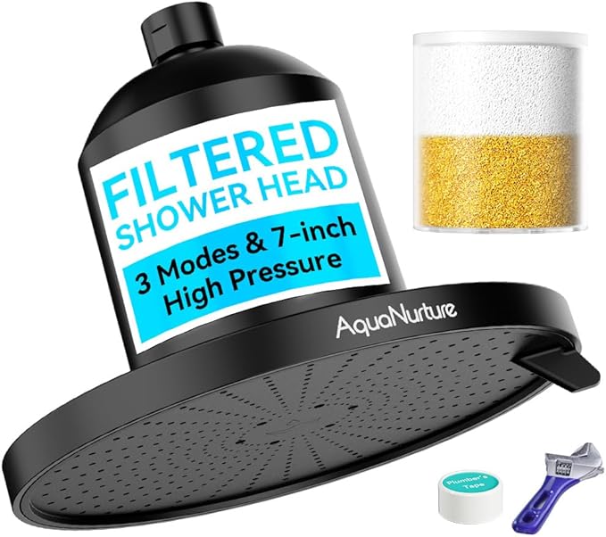 Filtered Shower Head with Filter System, High Pressure 3 Modes 7" Filter Showerhead for Healthier Hair & Skin, Remove Chlorine and Heavy Metals For Hard Water,Best Rain Shower Heads 2.5 GPM, Black