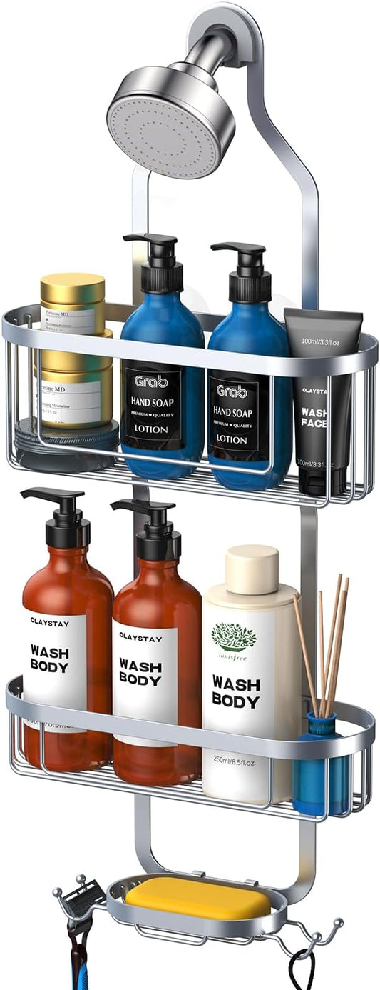 Kadolina Bathroom Hanging Shower Organizer, Over Head Shower Caddy Shower Storage Rack Basket with Hooks for Razor and Sponge Rustproof, Silver [Patented]