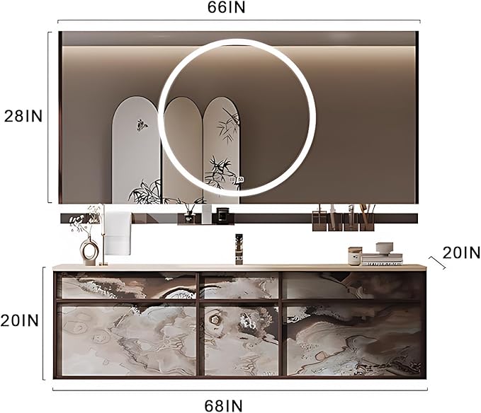 68IN Modern Bathroom Vanity with Sink - Bathroom Vanity with 2 Drawer Organizer, LED Mirror Lights & Defogging Function | Wall - Mounted Vanity with Multifunctional Storage Rack