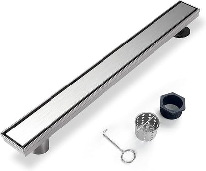 Offset Linear Shower Drain, Shower Drain 60 inch with 2-in-1 Tile Insert Cover, Brushed AISI 304 Stainless Steel Side Outlet Shower Floor Drain with Hair Catcher and Adjustable Feet