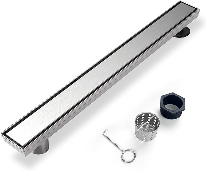Offset Linear Shower Drain, Shower Drain 36 inch with 2-in-1 Tile Insert Cover, Brushed AISI 304 Stainless Steel Side Outlet Shower Floor Drain with Hair Catcher and Adjustable Feet