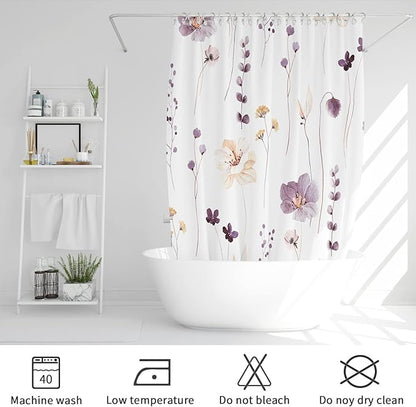 Gibelle Long Shower Curtain 72 x 78, Watercolor Floral Fabric Shower Curtain, Plum Beige Flower Decorative Bathroom Shower Curtain Set