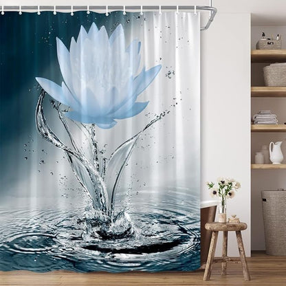 Lotus Shower Curtain Black White Blue Flower Elegant Blooming Floral with Dew Spring Flower Reflection on Water Modern Romantic Polyester Fabric Bathroom Decor 70×70 Inch with Hook