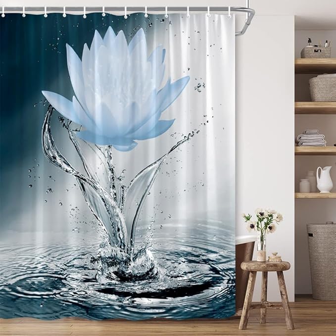Lotus Shower Curtain Black White Blue Flower Elegant Blooming Floral with Dew Spring Flower Reflection on Water Modern Romantic Polyester Fabric Bathroom Decor 86×70 Inch with Hook