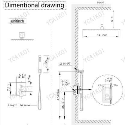 16 Inch Brushed Nickel Ceiling Mount Shower System Bathroom Luxury Rain Mixer Shower Combo Set Ceiling Rainfall Shower Head System Faucet Contain Rough-in Valve and Trim Included