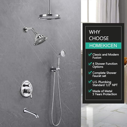 Dual Antique Shower Head System with Tub Spout: 9" Ceiling Mounted Rain & 6" Wall Mount Rainfall, Handheld Spray Vintage Faucet Set, 4 Way Diverter Brass Valve with Trim Kit, Chrome