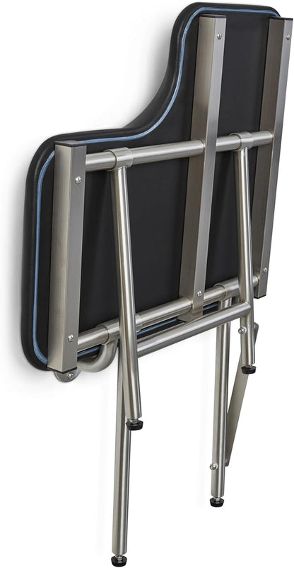 26" x 22.5" Black Padded Wall Mount Folding Left-Handed Transfer Bench Shower Seat with Legs, ADA Compliant