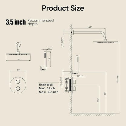 Gabrylly Thermostatic Shower Faucet Set, All Metal Shower System with Anti Scald Shower Valve, High Pressure 10" Rain Shower head with Handheld Spray Combo, Matte Black