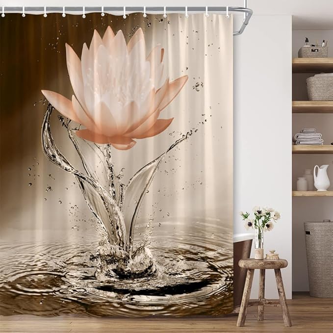 Lotus Shower Curtain Orange Flower Elegant Blooming Floral with Dew Spring Flower Reflection on Water Modern Romantic Polyester Fabric Bathroom Decor 70×84 Inch with Hook