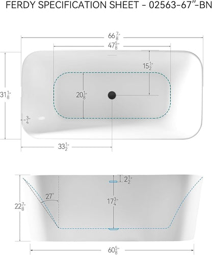 FerdY Maui 67" Acrylic Freestanding Bathtub, Contemporary Elegant Design Soaking Tub with Matte Black Drain and Minimalist Linear Design Overflow, Easy to Install
