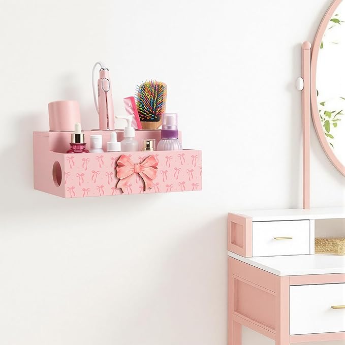 Pink Bow Hair Dryer Holder Wall Mounted Wooden Hair Dryer Holder Countertop Coquettish Preppy Bathroom Storage Accessories Decor Vanity Tools Bathroom Organizer for Curling Wand