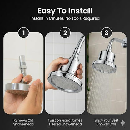 Fiona James Filtered Shower Head – High Pressure Shower Filter for Hard Water, Chlorine Removing, 20-Stage Filtration for Healthy Hair & Skin (Chrome)