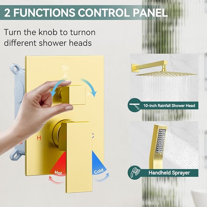Shower Faucet Set Brushed Gold Shower System, Starbath 10" Rain Shower Head and Handheld Spray Shower Set Complete Wall Mounted,2 Way Pressure Balance Shower Valve and Trim Kit Included