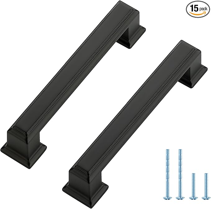 Ravinte Hardware 15 Pack Matte Black Cabinet Pulls, 3-3/4 Inch (96mm) Hole Center Zinc Alloy Drawer Handles for Kitchen Cabinets, Cupboards, Dressers, Square Solid Metal Hardware