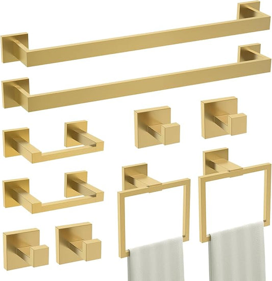 TURS 10-Piece Bathroom Hardware Accessories Set Brushed Gold Towel Bar Holder Set SUS304 Stainless Steel Towel Racks for Bathroom Wall Mounted, 23.6-Inch