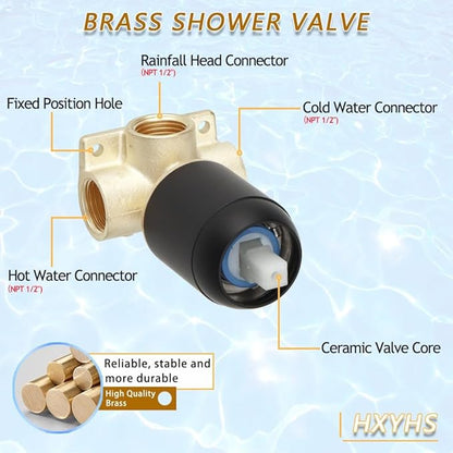 8 Inch Rainfall Shower Head and Handheld Spray Combo with 3-Way Diverter and Touch-Clean Nozzles, Rough-in Valve Body and Trim Included, Matte Black