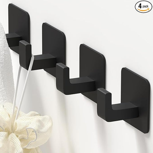 Square Self Adhesive Towel Hooks - 4 Pack Matte Black Metal Hooks, Right-Angle Design for Towels, Robes & Hats, Organize Bathroom, Kitchen, Entryway, Doors, Cabinets on Smooth Surfaces