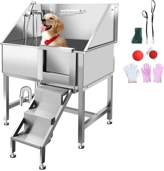 38 Inch Professional Dog Wash Station, Stainless Steel Dog Grooming Tub for Large, Medium & Small Pets - with Anti-Slip Stairs, Drain & Door, Silver