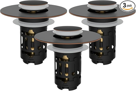 Hibbent 3 Pack Upgraded 3 in 1 Bathroom Sink Drain Strainer, Universal Pop Up Stopper with Removable Stainless Steel Filter Basket Hair Catcher, Sink Plug for 1.1''~2.36'' Basin, Oil-Rubbed Bronze