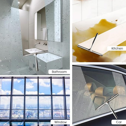 Shower Squeegee for Glass Doors Stainless Steel with Self Adhesive Hook Window Squeegee for Shower Door Bathroom Mirror Wiper, Window Glass Cleaning