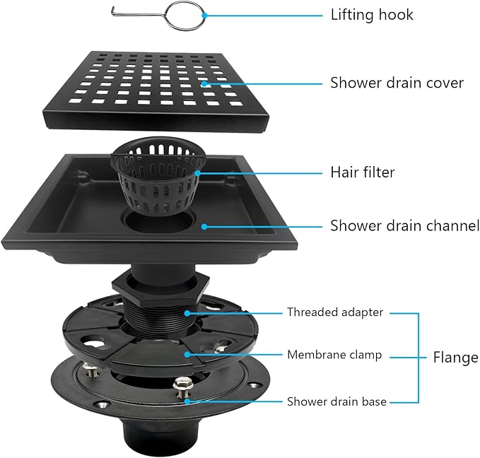 6 Inch Square Shower Drain with Flange, Removeable Grate SUS 304 Stainless Steel Shower Drain with Hair Catcher (Matte Black, 6 Inch)