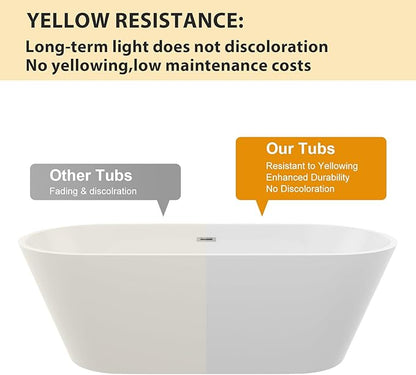 Logmey 63" White Acrylic Freestanding Bathtub Oval Shape Soaking Tub with Chrome Drain & Overflow Assembly for Classic and Modern Bathrooms