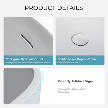 69" Premium Solid Surface Freestanding Bathtub, Oval Stone Resin Tub with Overflow and Pop-up Drain, Matte White