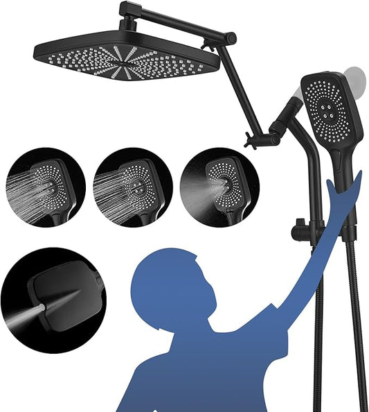 12" High Pressure Rain/Rainfall Shower Heads With Handheld Spray Combo (3+1 Settings & Built-in Power Wash Mode), Double/Dual Shower Head With Handheld - Height/Angle Adjustable(Matte Black)