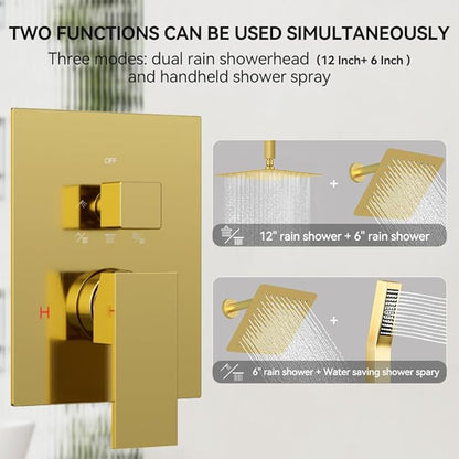 Brushed Gold Shower System, STARBATH 12+6" Rain Shower Head and Handle Set Ceiling Mount, Rainfall Shower Faucet Set Complete with 3 Way Shower Valve with 5 Diverter and Trim Kit
