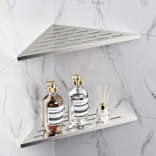 POPFLY 10" Silver Stainless Steel Corner Shower Shelf 2PCS, 304 SS Recessed Bathroom Shelves for Tile Walls, No Drilling Needed, Floating Shower Caddy with Drainage Slots, PF7501L