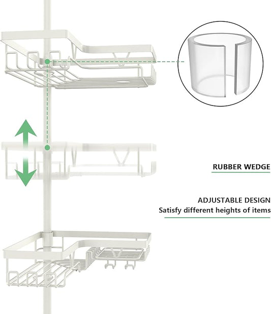 Corner Shower Caddy Tension Pole, 4-Tier Adjustable Corner Shower Caddy with Soap Dish & Razor Holder, Stainless Steel Tension Pole Shelf Fits Bathtub & Floor 25-114.2 inches(Off-white)