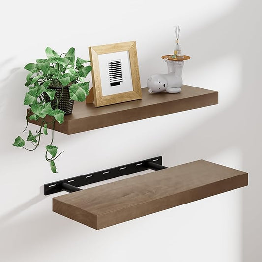 Heimlove Floating Shelves for Wall,2 Packs 16 inches Natural Pine Solid Wood Floating Shelves, 8 inches Deep Wooden Shelves for Kitchen Bedroom Office & Living Room Wall Decor