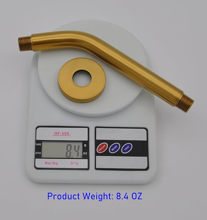 Aquaiaw Shower Arm and O-Ring Flange, 8 inch, Solid Brass, Round, Both Soldered 1/2 NPT Tapered Threads, Wall Mount Shower Arm Extension, Rain Shower Head Arm, PVD Brushed Brass (Matte Brushed Gold)