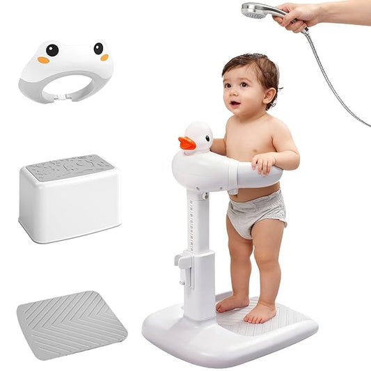 Adjustable Baby Shower Stand Support - Safety & Non-Slip Baby Bath Stand, Toddler Shower Stand for Infants 6-36 Months, Standing Bathtub Max 55 Lbs Capacity, Includes Shower Cap and Stool(Grey)