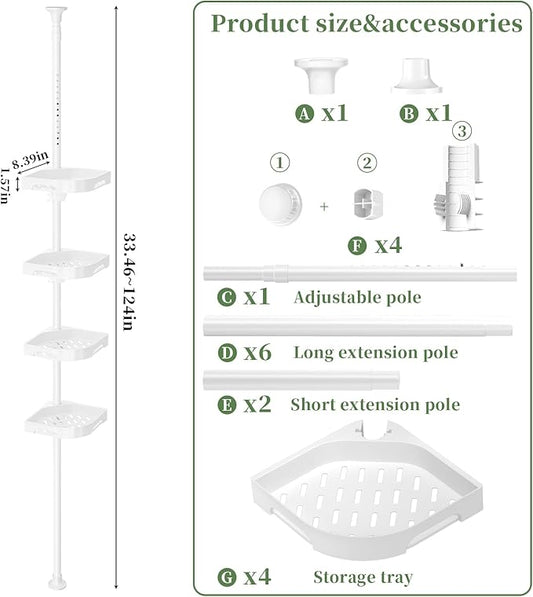 Tension Pole Shower Caddy Organizer with 4 Tier L-Shaped Rust Resistant Bathroom Corner Shelves with 34-124 Inch Adjustable No Drilling Quick Install Shower Rack for Bath Essentials (White)