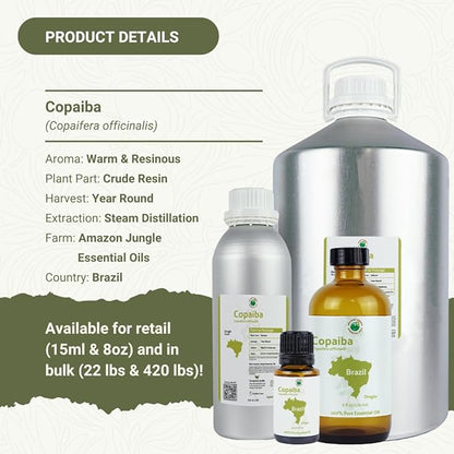 Copaiba Essential Oil - Direct from Amazon Jungle Essential Oils Brazil - Steam Distilled - Aceite de Copaiba for Aromatherapy, Massage, Diffuser, DIY Candle and Soap Making - 8oz