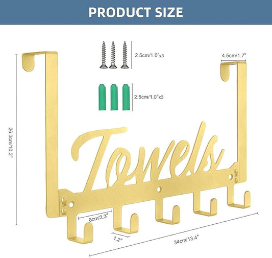 2 Pack Over The Door Hooks, Towel Rack for Bathroom Towel Holder for Hanging Heavy Duty, Wall Mount Towel Hanger with 10 Hooks for Bedroom Bathroom Kitchen Towels, Bag, Coats(Gold)
