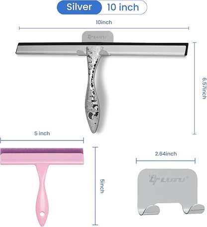 2-Pack Shower Squeegee for Glass Doors, 10 inch Silver Stainless Steel & 5 inch Pink Mini with 2 Hooks, Non-Slip Hammered Handle, Silicone Wiper for Shower, Bathroom, Tile and Mirror
