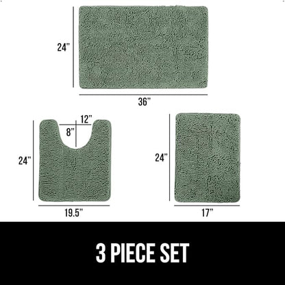 GORILLA GRIP Bathroom Rug Sets 3 Piece, Bath Mat Set and Oval Toilet Base with Rubber Backing, Plush Absorbent Shaggy Chenille Washable Mats, Includes 24x19.5, 24x17 and 36x24 Inch Rugs, Sage