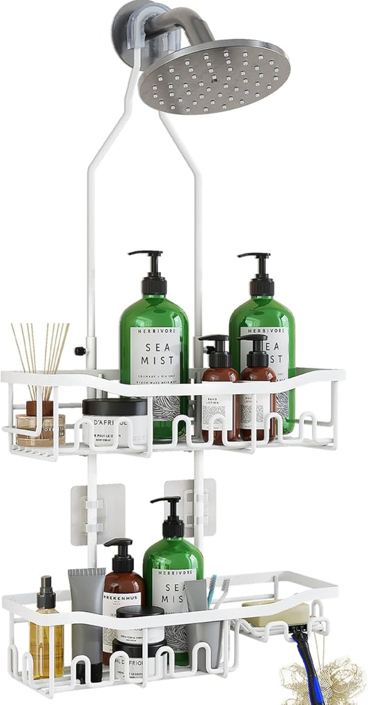 Upgraded Extended Length Shower Organizer with Hooks, Rustproof Shampoo Soap Holder, Large Hanging Bathroom Caddy