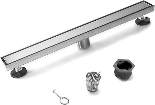 HEATGENE Linear Shower Drain 48-Inch, Stainless Steel Rectangle Shower Floor Drain with 2-in-1 Flat & Tile Insert Cover, Shower Drain with Leveling Feet & Hair Strainer, Brushed