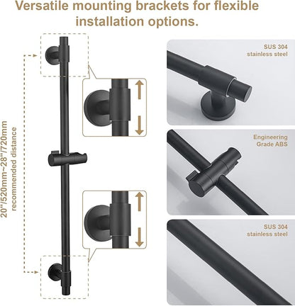Adjustable Shower Slide Bar with 5-Function Handheld Shower Head, Stainless Steel Grab Slide Bar Combo with Extra Hose (Matte Black)