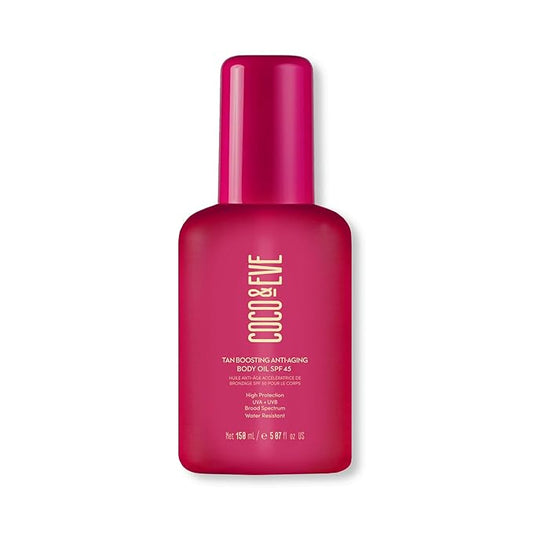 Coco & Eve Tan Boosting Anti-Aging Body Oil SPF45 - Tanning Accelerator Pump, UVA UVB Sun Protection | Moisturizing Outdoor Bronzing Enhancer with Natural Ingredients, Antioxidants (5.07 Fl Oz)