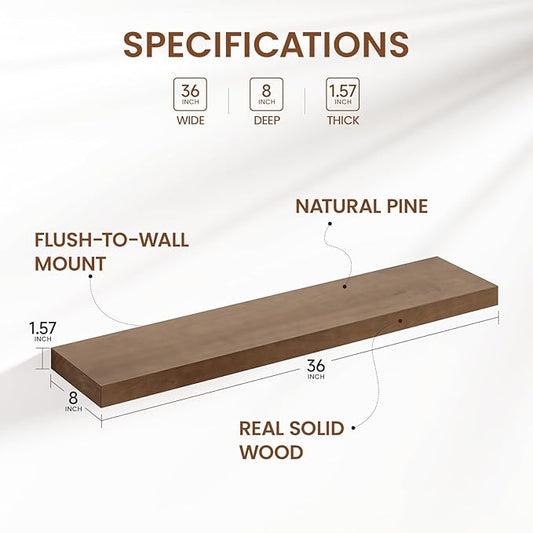 Heimlove 36 inch Floating Shelves for Wall,2 Packs Natural Pine Solid Wood Floating Shelves, 8 inches Deep Wooden Shelves for Kitchen Bedroom Office & Living Room Display Wall Decor