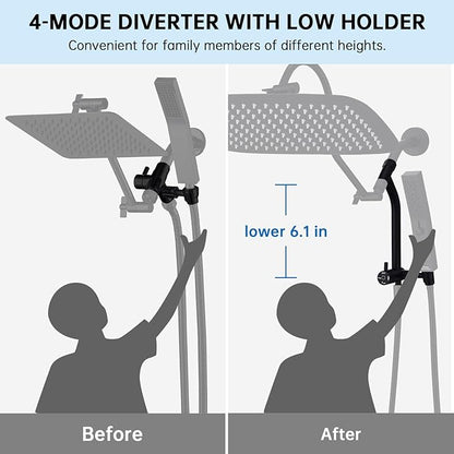 G-Promise All Metal 16 Inch Shower Head with Massage Mode Handheld, Rain Shower Head with Handheld Spray Combo, 3-Way Diverter with Pause Setting, 13 Inch Adjustable Extension Arm (Matte Black)