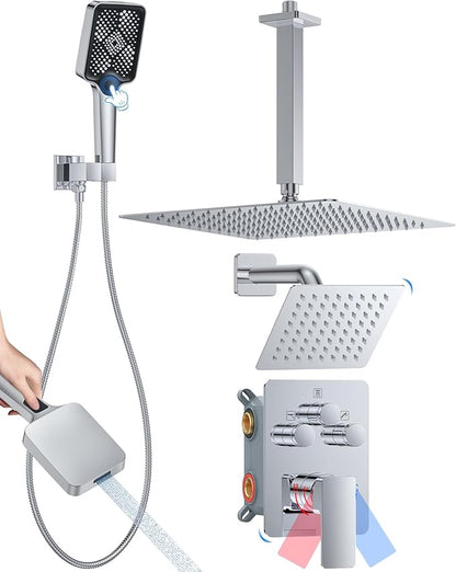 Shower System with Pressure Balance Valve, 12" Ceiling Mount Shower Faucet Set with 2 Rain Shower Head And Multi-function Handheld Head Push Button Diverter Pressure Balancing Valve Kit,Chrome