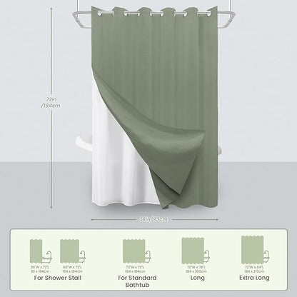 Inhousolu No Hook Waffle Weave Shower Curtain with Removable Snap in Fabric Liner Set for Bathroom, 230 GSM Heavy Duty Weighted Hem, Water Repellent Washable Bath Curtains, 36 x 72 Inch, Sage Green