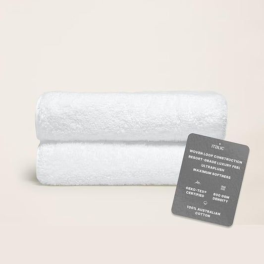 Italic Ultraplush 100% Australian Cotton Hand Towels - Set of 2 Luxury Hand Towels, Ultra Soft and Highly Absorbent 800GSM Towels for Bathroom,Shower, Hotel, and Spa (White)