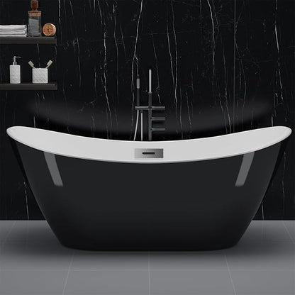 Freestanding Bathtub Acrylic Soaking Tub, Deep Stand Alone Bath with Chrome Drain, Modern Black and White Design for Compact or Contemporary Bathrooms, 59 Inch